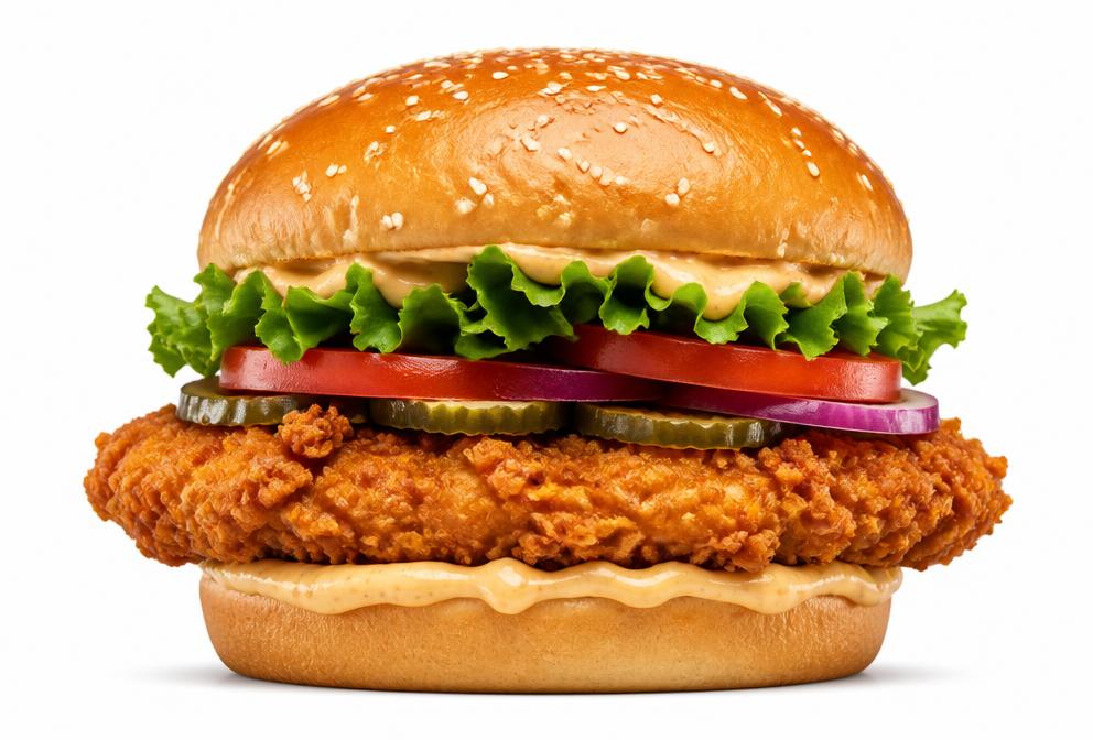 Side view of a massive crispy chicken burger