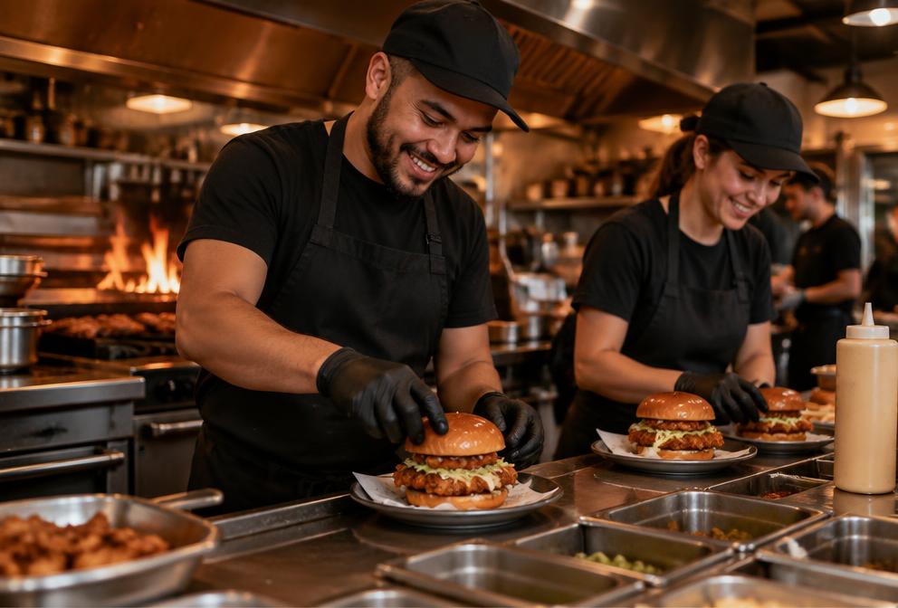 Two OFTOB team members plating crispy chicken burgers at a stainless steel pass