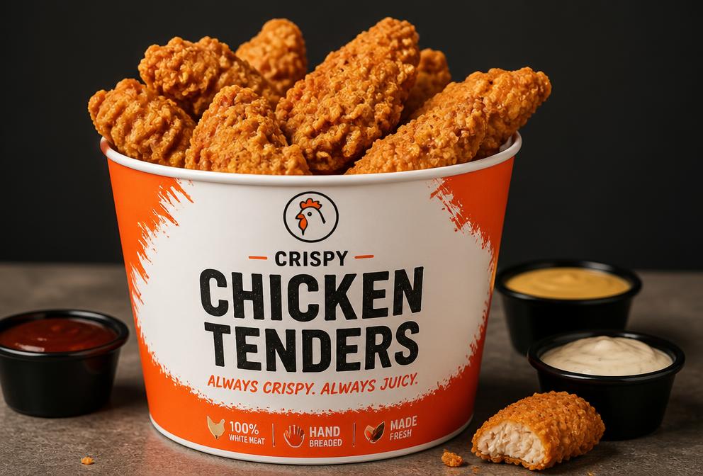 Crispy chicken tenders bucket with dipping sauces