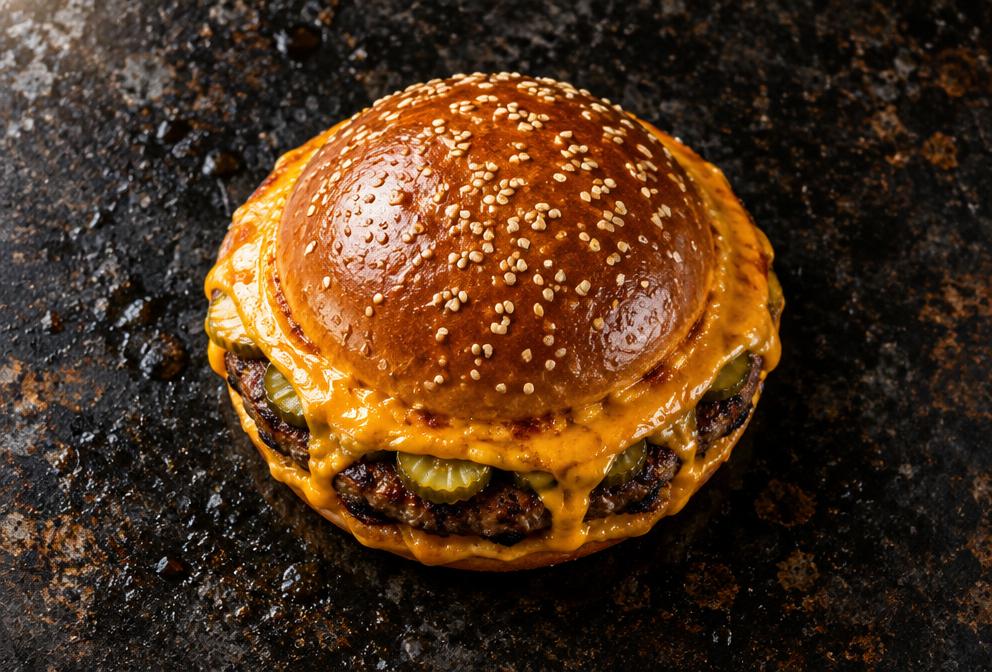 Top down view of a UFO-shaped domed burger on a griddle